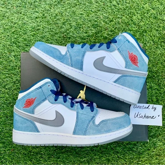 Nike Air Jordan 1 Mid GS white blue grey shoes - Picture 2 of 5